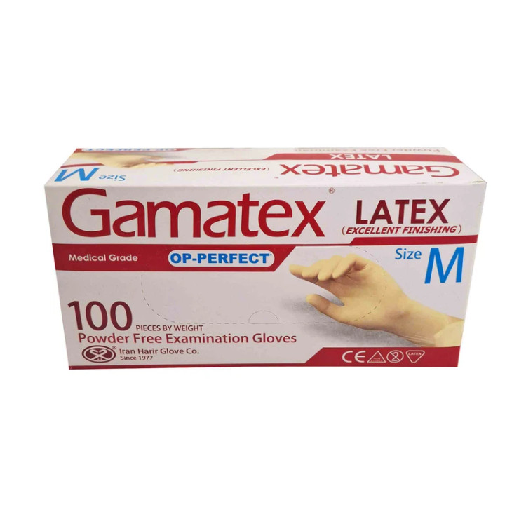 دستکش معاینه لاتکس OP شرکت حریر بدون پودر Gamatex latex gloves